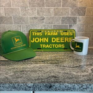 John Deere Green Cap, License Plate, and Mug Collection. B15